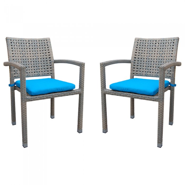 Set 2 scaune gradina/terasa cu brate RAKI ROKHA, poliratan, cadru aluminiu, perna albastra
