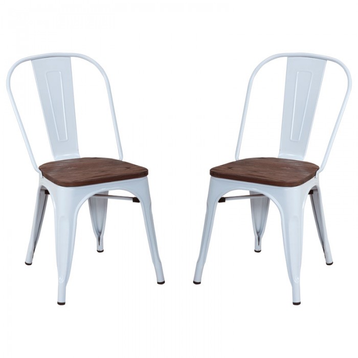 Set 2 scaune metalice albe RAKI ANTIQUE RETRO, sezut lemn, 51x44xh84cm