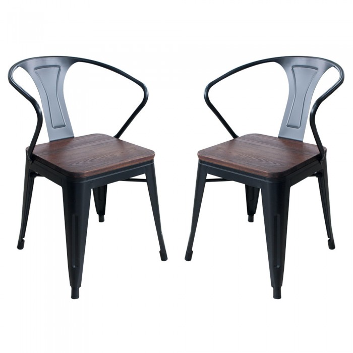 Set 2 scaune metalice negre cu brate RAKI RETRO, sezut lemn, 56x51xh80cm