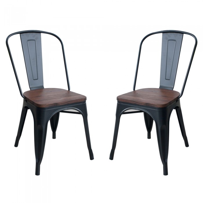 Set 2 scaune metalice negre RAKI RETRO, sezut lemn, 51x44x85cm