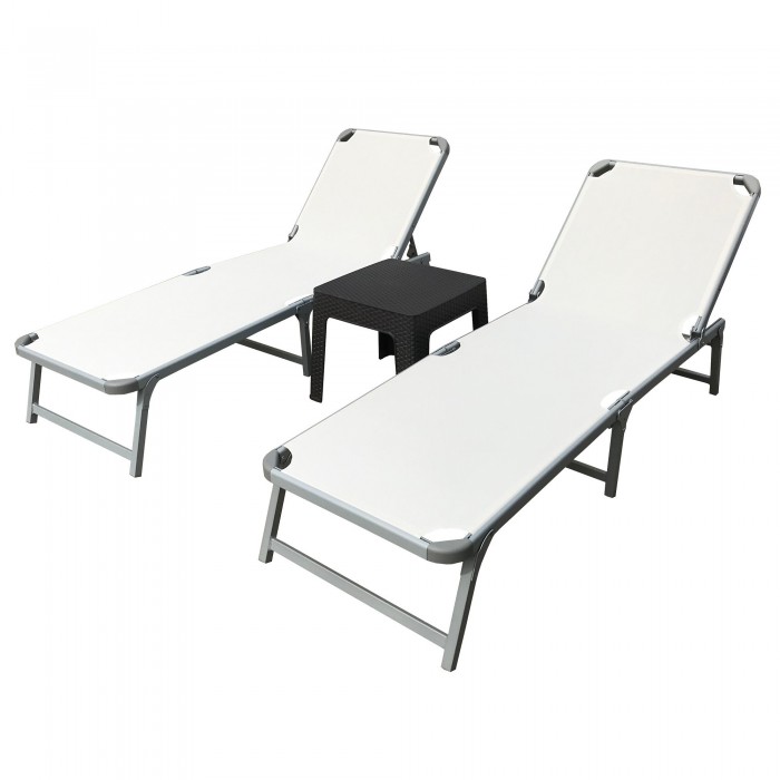 Set 2 sezlonguri pliabile cu spatar reglabil 4 pozitii si stofa mesh crem RAKI 188x58cm + masa cafea 44x44xh41cm