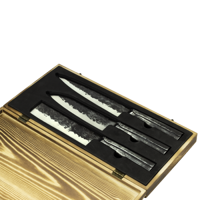 Set 3 cutite bucatarie in cutie lemn CULINARO AKIRA, maner otel, forjate manual
