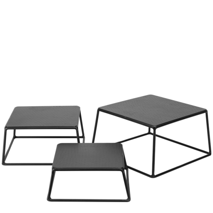 Set 3 display-uri metalice patrate pentru bufet CULINARO OLD SCHOOL, 15,3x15,3xh8cm/18x18xh10,3cm/20,3x20,3xh13cm, negru mat