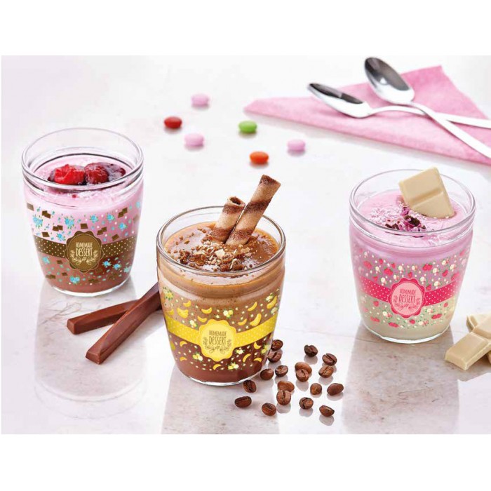 Set 3 pahare pentru desert RAKI YUMMY, 250ml, sticla, cu decor