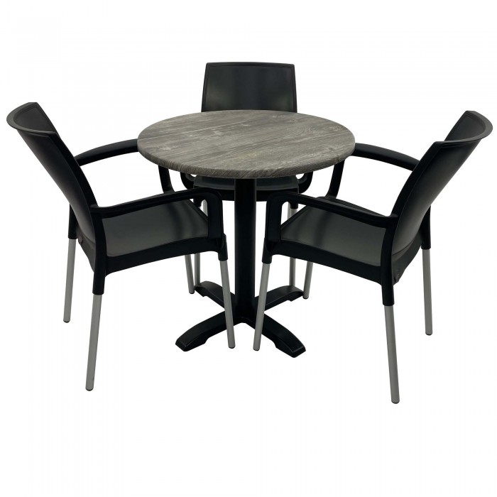 Set 3 scaune SUNSET negre si masa rotunda D70cm Raki Old Pine cu blat werzalit si baza metalica