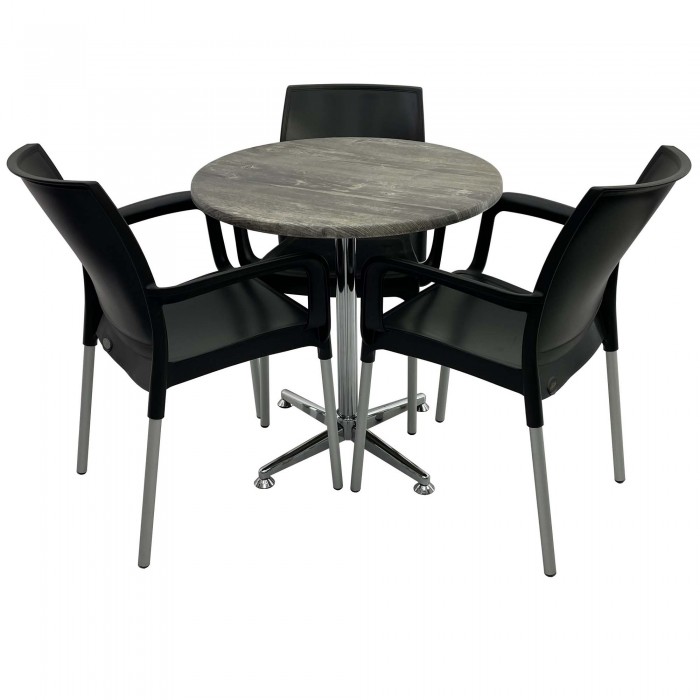 Set 3 scaune SUNSET negre si masa rotunda D70cm Raki Old Pine cu blat werzalit si picior cromat