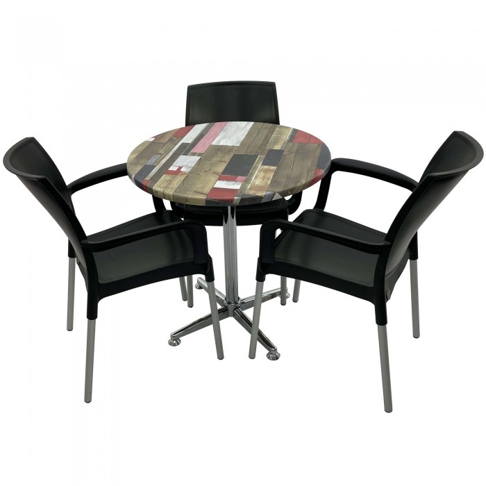 Set 3 scaune SUNSET negre si masa rotunda D70cm Raki Redden Wood cu blat werzalit si baza crom clasica