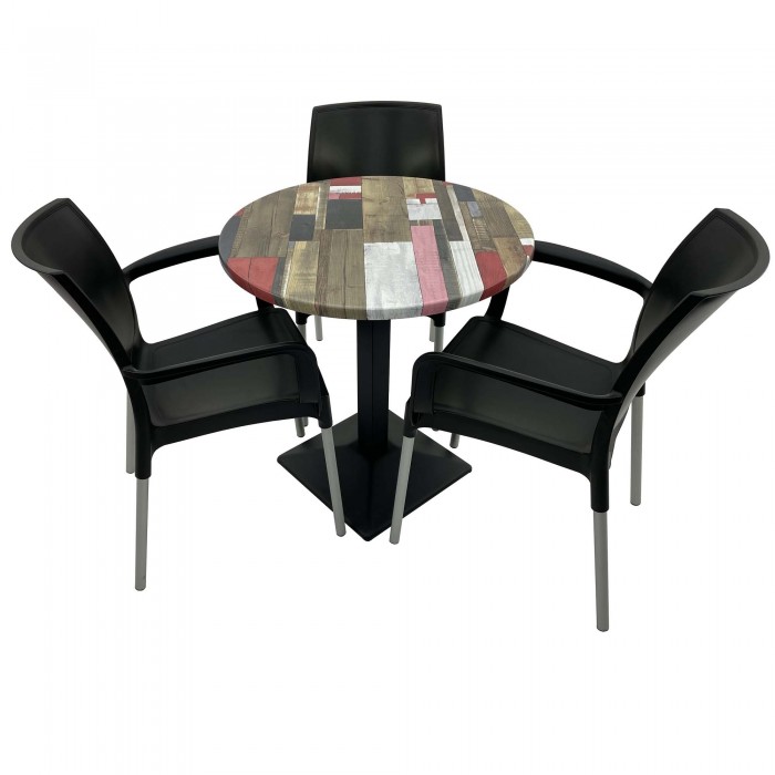 Set 3 scaune SUNSET negre si masa rotunda D70cm Raki Redden Wood cu blat werzalit si baza metalica culoare neagra
