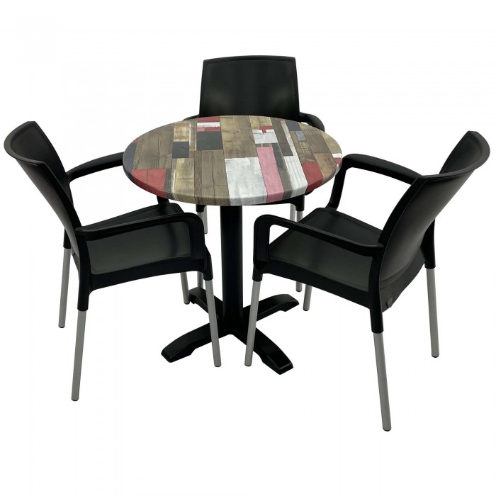 Set 3 scaune SUNSET negre si masa rotunda D70cm Raki Redden Wood cu blat werzalit si baza metalica