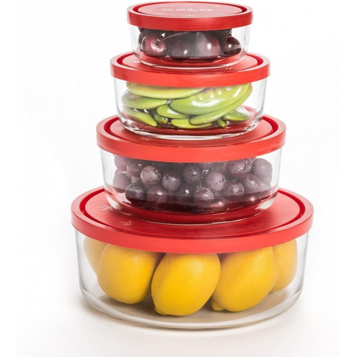 Set 4 caserole din sticla cu capac rosu BORMIOLI GELO