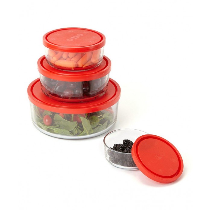 Set 4 caserole din sticla cu capac rosu BORMIOLI GELO