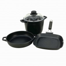 Set 4 piese vase gatit ANTIK ARS, aluminiu, strat antiaderent, oala 4lt cu capac, cratita 24xh6,5cm, tigaie grill 26x26xh3,5cm