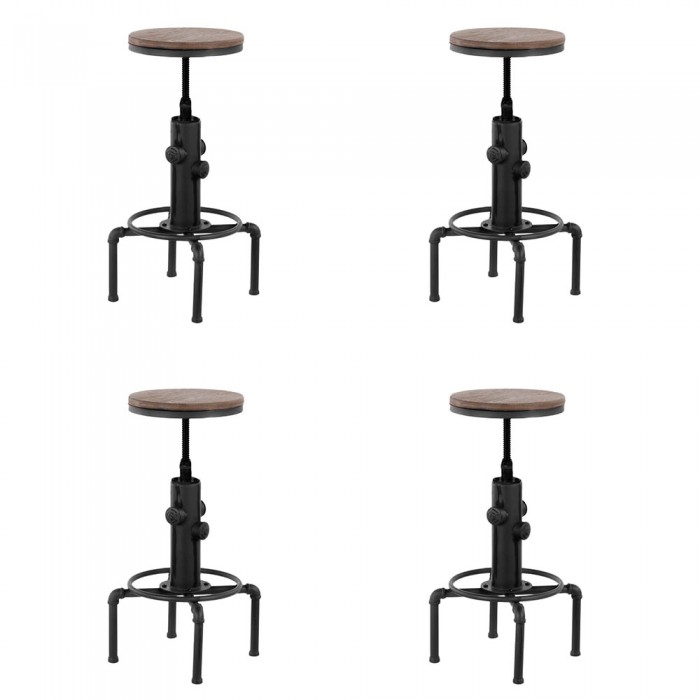 Set 4 scaune bar RAKI RETRO BLACK cu inaltime reglabila D33xh60-75cm, cadru metalic si sezut lemn, culoare neagra