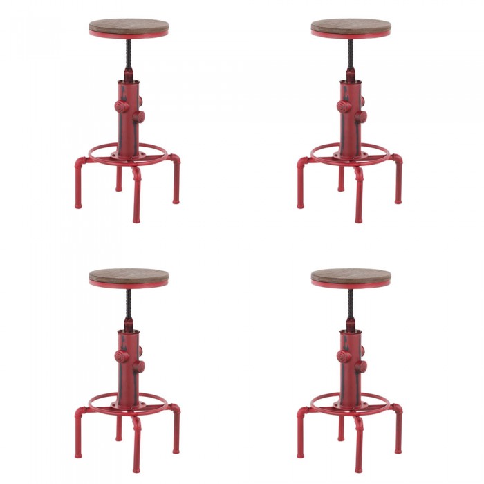 Set 4 scaune bar RAKI RETRO RED cu inaltime reglabila D33xh60-75cm, cadru metalic si sezut lemn, culoare rosie