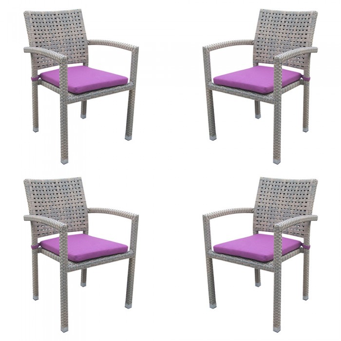 Set 4 scaune gradina/terasa cu brate RAKI ROKHA, poliratan, cadru aluminiu, perna mov