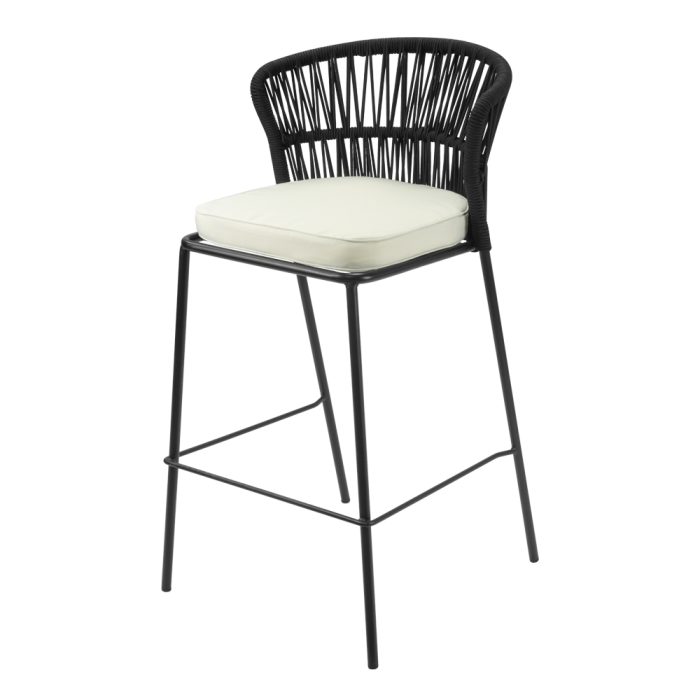 Set 4 scaune inalte bar metalice cu perna RAKI NAPA, 55x60xh100cm, spatar impletit cu snur textil, negre