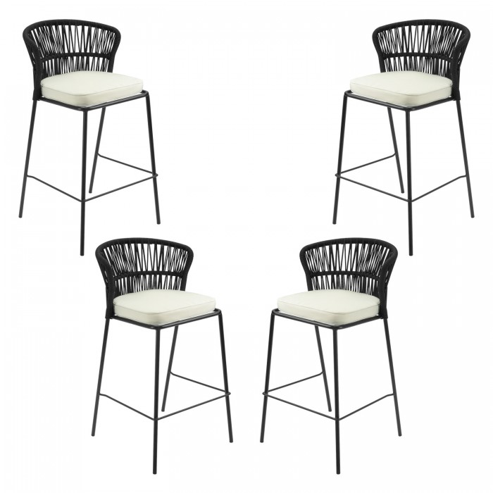 Set 4 scaune inalte bar metalice cu perna RAKI NAPA, 55x60xh100cm, spatar impletit cu snur textil, negre