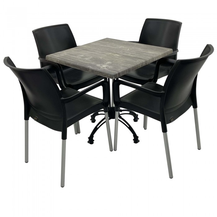 Set 4 scaune SUNSET negre si masa patrata 70x70cm Raki Old Pine cu blat werzalit si baza retro culoare negru