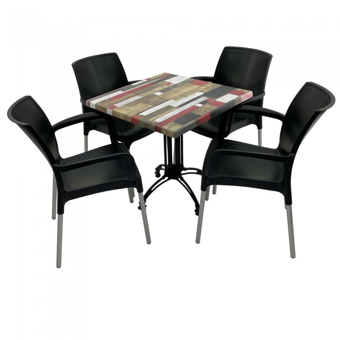 Set 4 scaune SUNSET negre si masa patrata 70x70cm Raki Redden Wood cu blat werzalit si baza culoare neagra