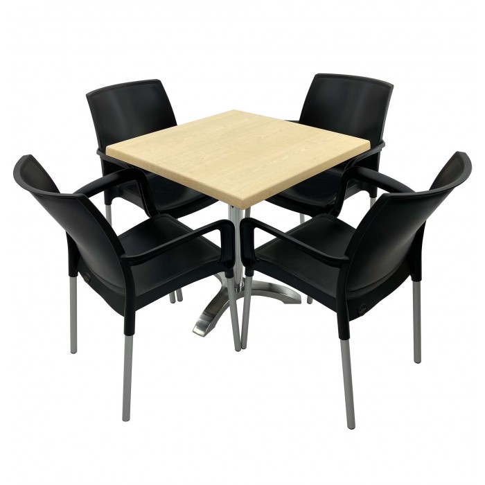 Set 4 scaune SUNSET negre si masa patrata 80x80cm RAKI MAPLE cu blat werzalit si baza aluminiu