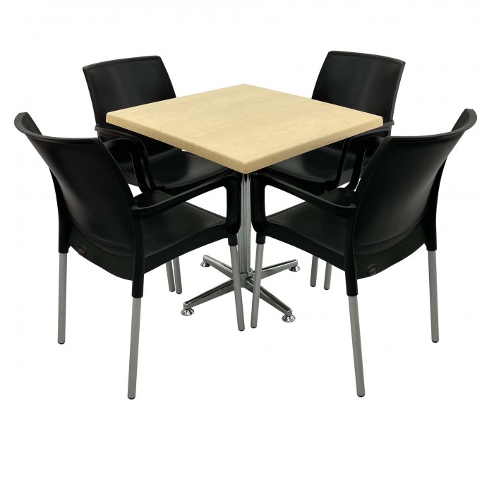 Set 4 scaune SUNSET negre si masa patrata 80x80cm RAKI MAPLE cu blat werzalit si baza crom clasic