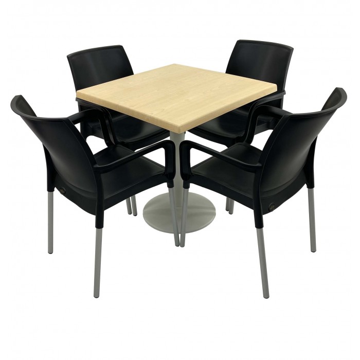Set 4 scaune SUNSET negre si masa patrata 80x80cm RAKI MAPLE cu blat werzalit si baza metalica culoare alba