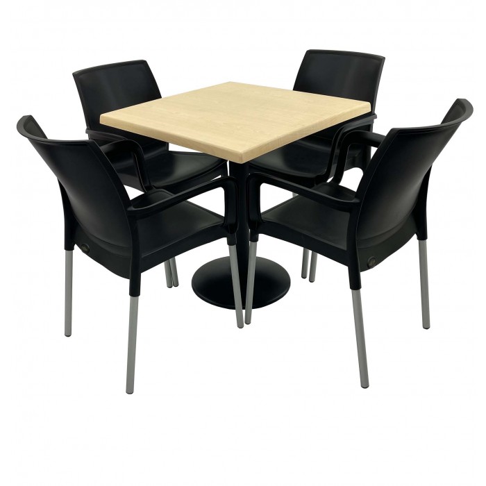 Set 4 scaune SUNSET negre si masa patrata 80x80cm RAKI MAPLE cu blat werzalit si baza metalica culoare neagra
