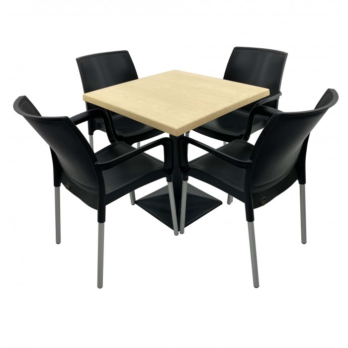 Set 4 scaune SUNSET negre si masa patrata 80x80cm RAKI MAPLE cu blat werzalit si baza metalica neagra