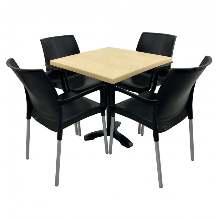 Set 4 scaune SUNSET negre si masa patrata 80x80cm RAKI MAPLE cu blat werzalit si picior metalic negru