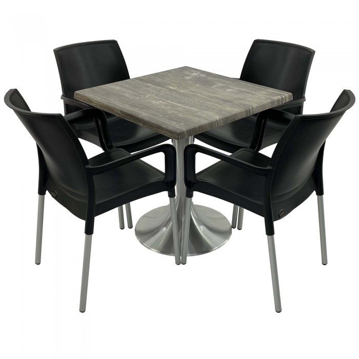 Set 4 scaune SUNSET negre si masa patrata 80x80cm Raki Old Pine cu blat werzalit si baza din aluminiu