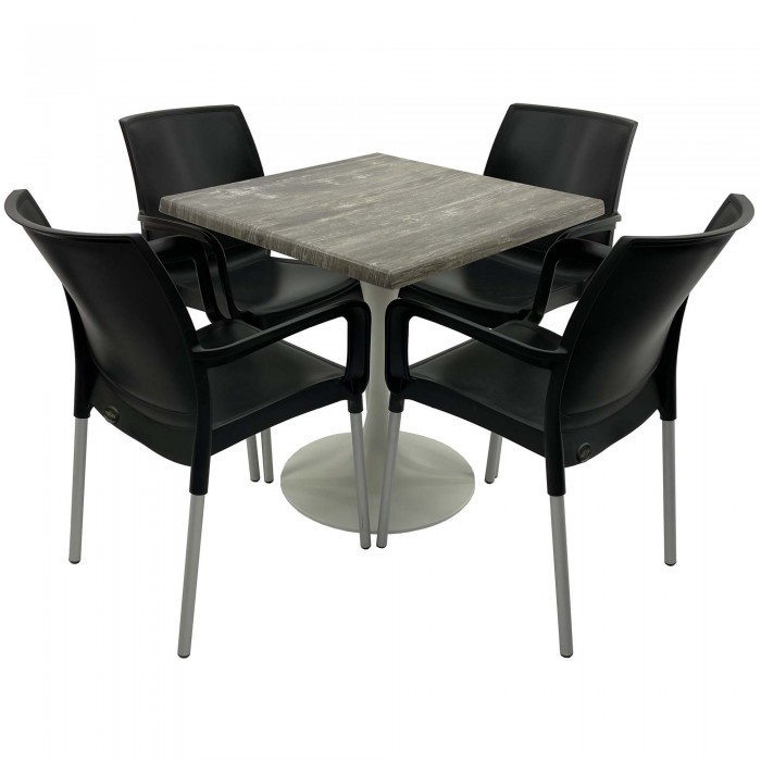 Set 4 scaune SUNSET negre si masa patrata 80x80cm Raki Old Pine cu blat werzalit si baza metalica alba