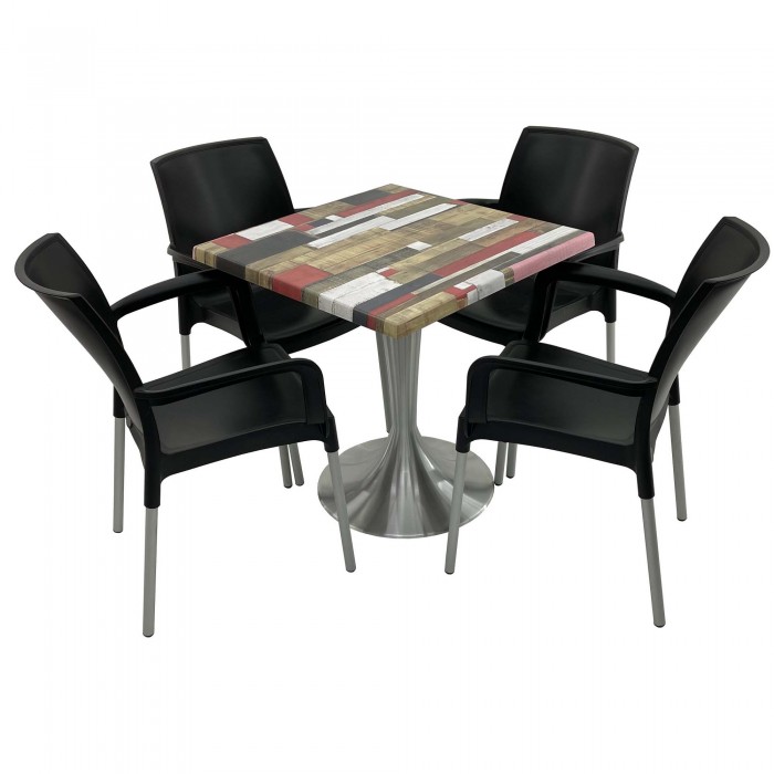 Set 4 scaune SUNSET negre si masa patrata 80x80cm Raki Redden Wood cu blat werzalit si baza din aluminiu