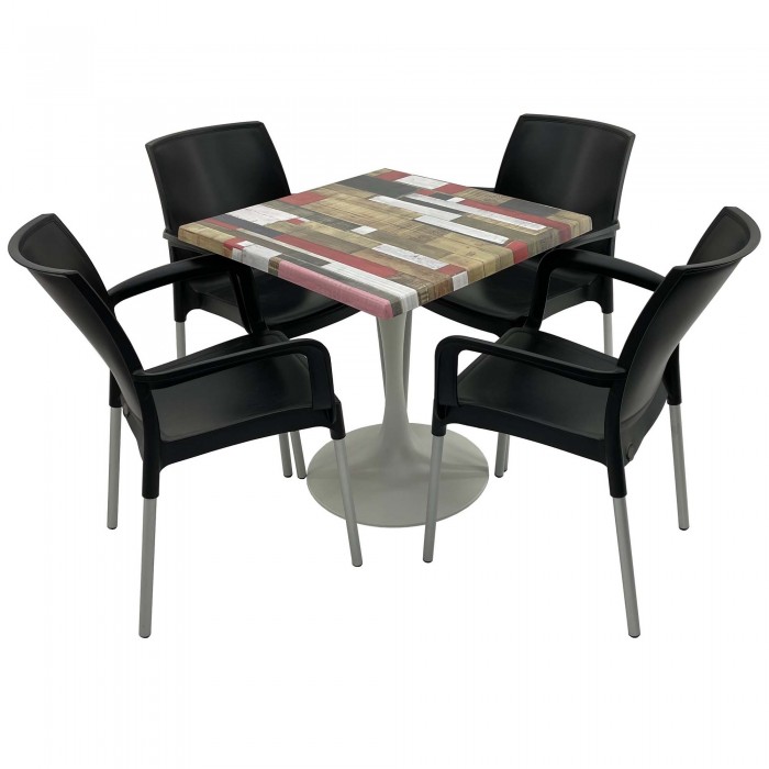 Set 4 scaune SUNSET negre si masa patrata 80x80cm Raki Redden Wood cu blat werzalit si baza metalica alba