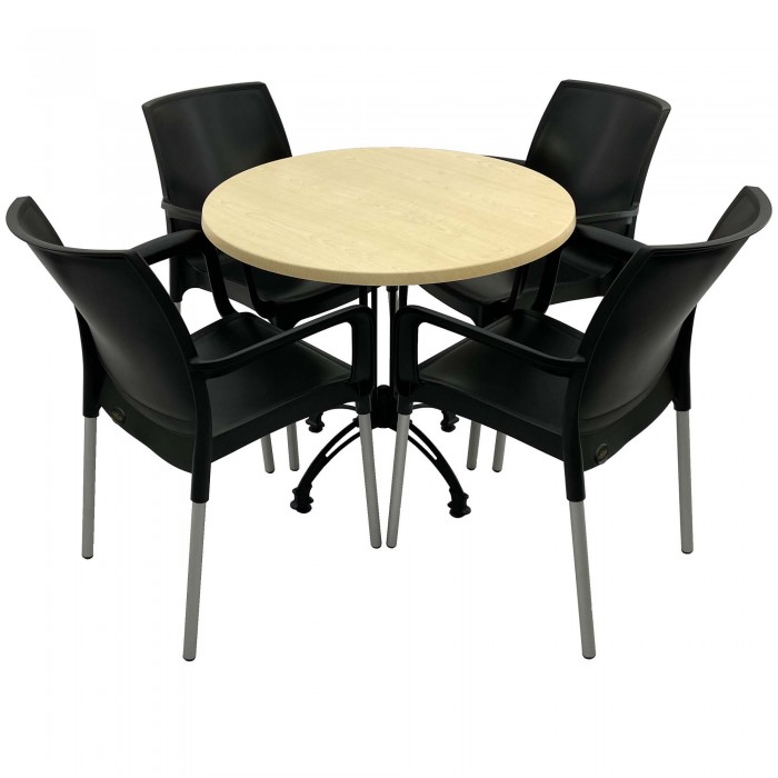 Set 4 scaune SUNSET negre si masa rotunda D80cm RAKI MAPLE cu blat werzalit si baza aluminiu retro