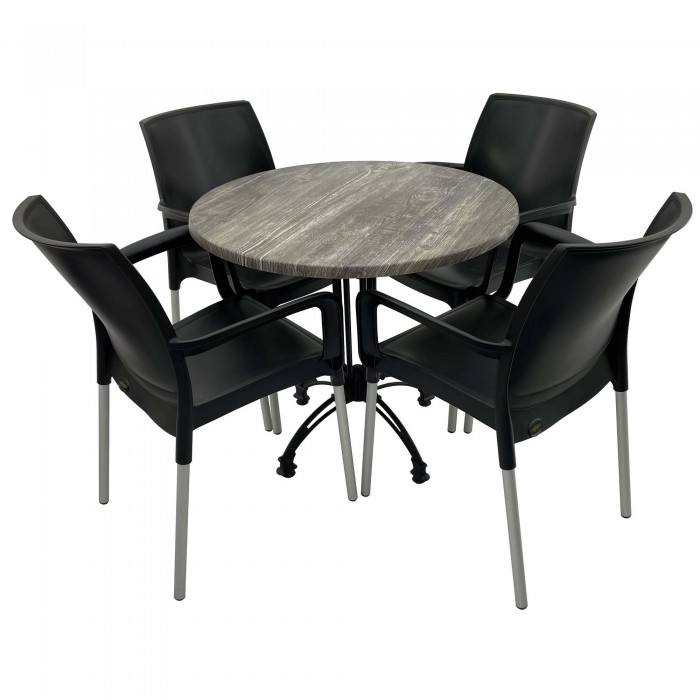Set 4 scaune SUNSET negre si masa rotunda D80cm Raki Old Pine cu blat werzalit si baza retro culoare neagra