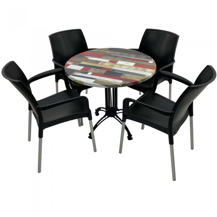 Set 4 scaune SUNSET negre si masa rotunda D80cm Raki Redden Wood cu blat werzalit si baza retro neagra