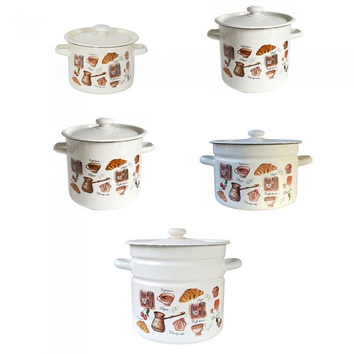 Set 5 oale emailate cu capace RAKI Cafe de Cherie, 4,5l, 5,5l , 7l, 9l, 12l