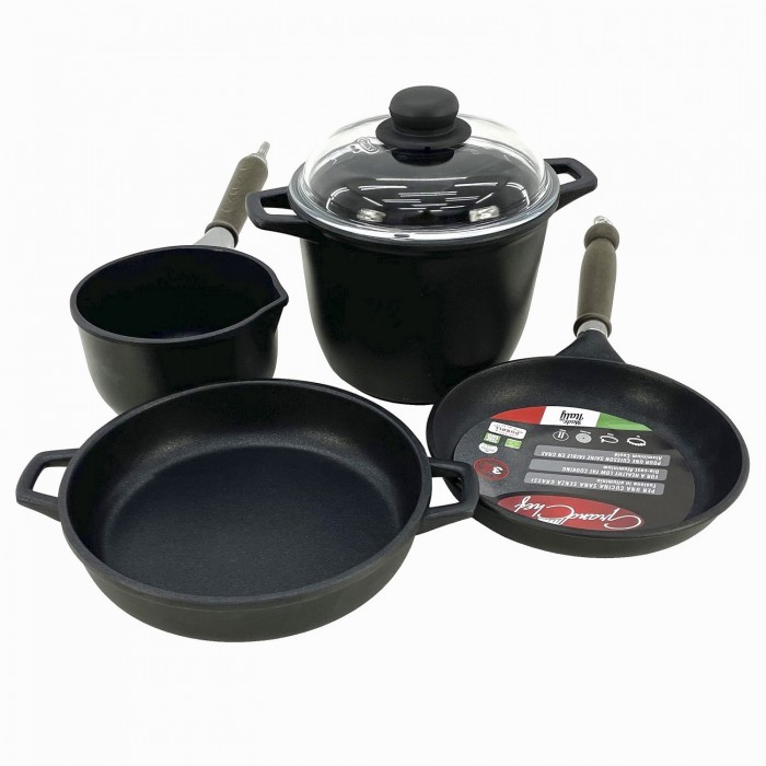 Set 5 piese vase gatit ANTIK ARS, aluminiu antiaderent, oala 4lt cu capac, cratita 24xh6,5cm, tigaie 22xh4,5cm, ibric D16xh12cm