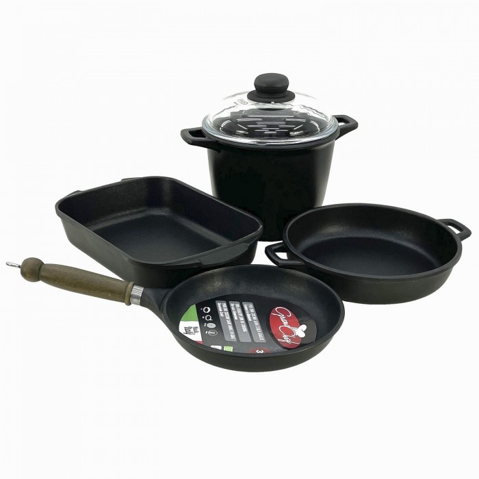 Set 5 piese vase gatit ANTIK ARS, aluminiu, strat antiaderent, oala 4lt cu capac, cratita, tigaie, tava de copt