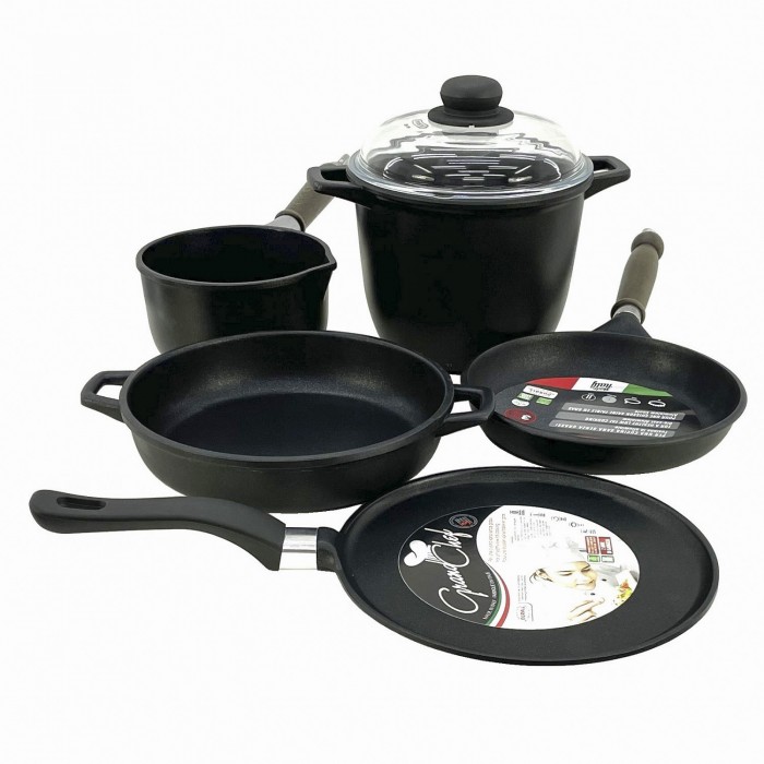 Set 5 piese vase gatit ANTIK ARS, aluminiu, strat antiaderent, oala 4lt cu capac, cratita, tigaie, tigaie clatite, ibric