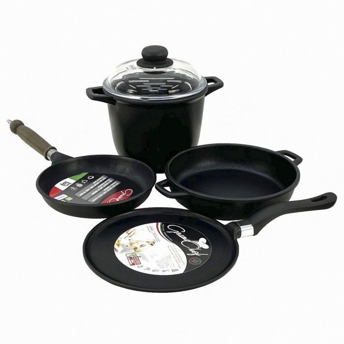 Set 5 piese vase gatit ANTIK ARS, aluminiu, strat antiaderent, oala 4lt cu capac, cratita, tigaie, tigaie clatite