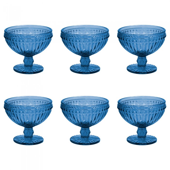 Set 6 boluri inghetata RAKI OLD SCHOOL BLUE, cu picior, sticla, D12xh10cm, 370ml, albastre