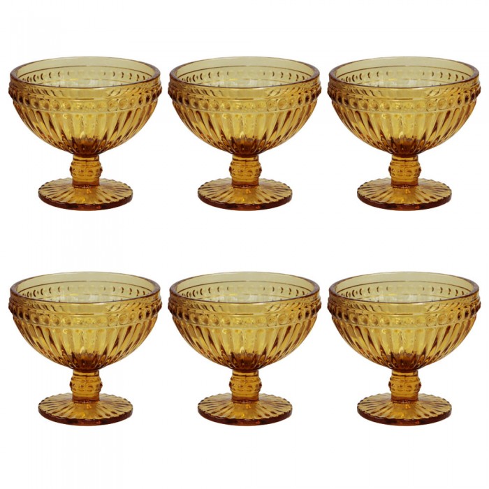 Set 6 boluri inghetata RAKI OLD SCHOOL YELLOW, cu picior, din sticla, D12xh10cm, 370ml, galben