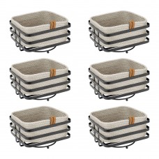 Set 6 cosuri paine/depozitare patrate CULINARO, cos din snur textil impletit crem 19x19xh7cm si suport metalic negru