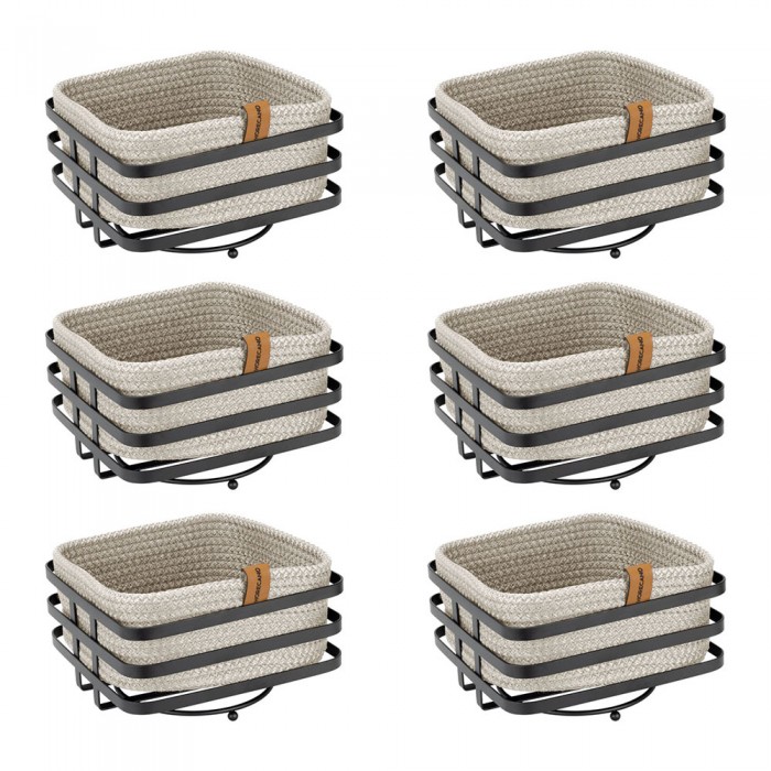 Set 6 cosuri paine/depozitare patrate CULINARO, cos din snur textil impletit crem 19x19xh7cm si suport metalic negru