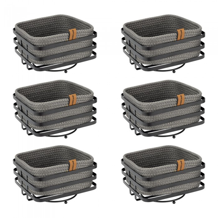 Set 6 cosuri paine/depozitare patrate CULINARO, cos din snur textil impletit gri antracit 19x19xh7cm si suport metalic negru