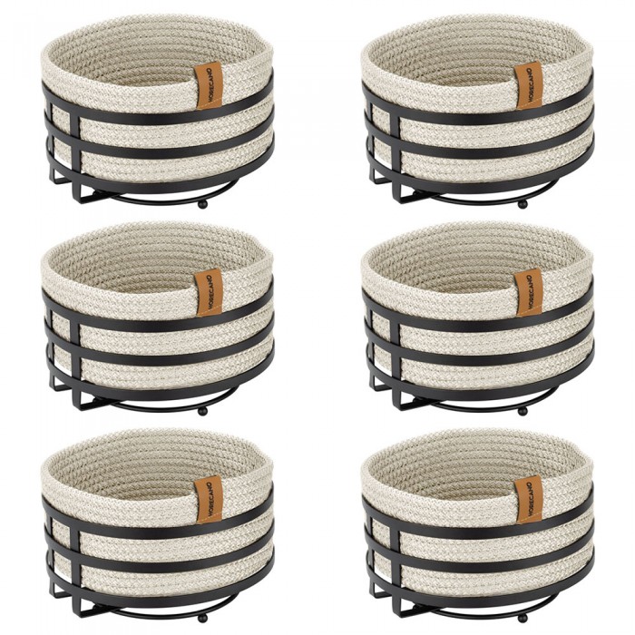 Set 6 cosuri paine/depozitare rotunde CULINARO, cos din snur textil impletit crem D19xh7cm si suport metalic negru