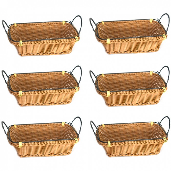 Set 6 cosuri servire paine/fructe/legume dreptunghiulare RAKI, 23x15xh7cm, poliratan, cu manere metal, maro