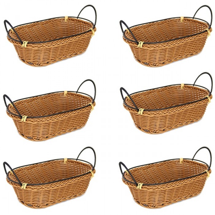 Set 6 cosuri servire paine/fructe/legume ovale RAKI, 23x15xh7cm, poliratan, cu manere metal, maro