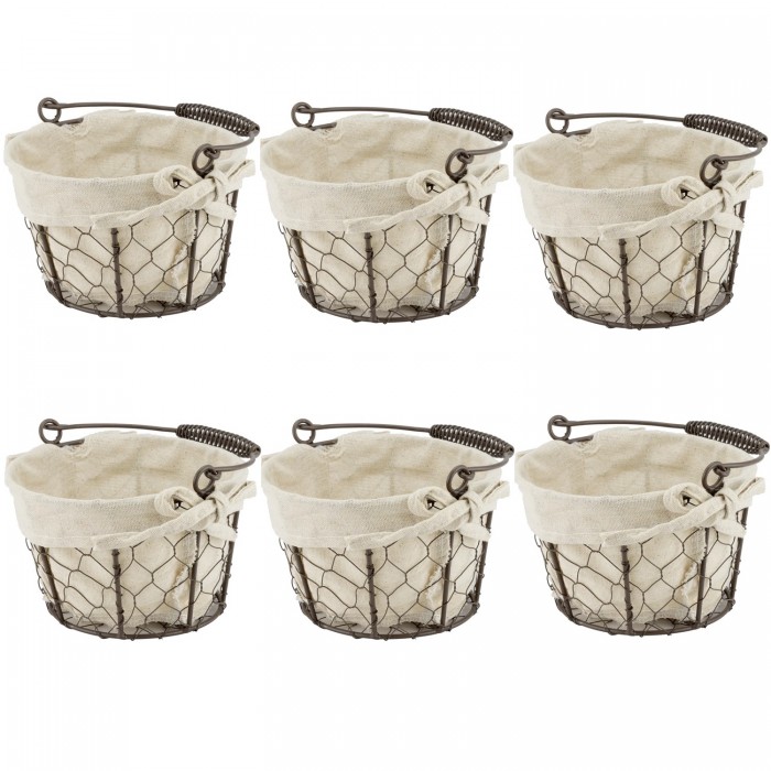 Set 6 cosuri servire paine rotunde RAKI, 13,5x13,5x10cm, cu maner, din metal si panza